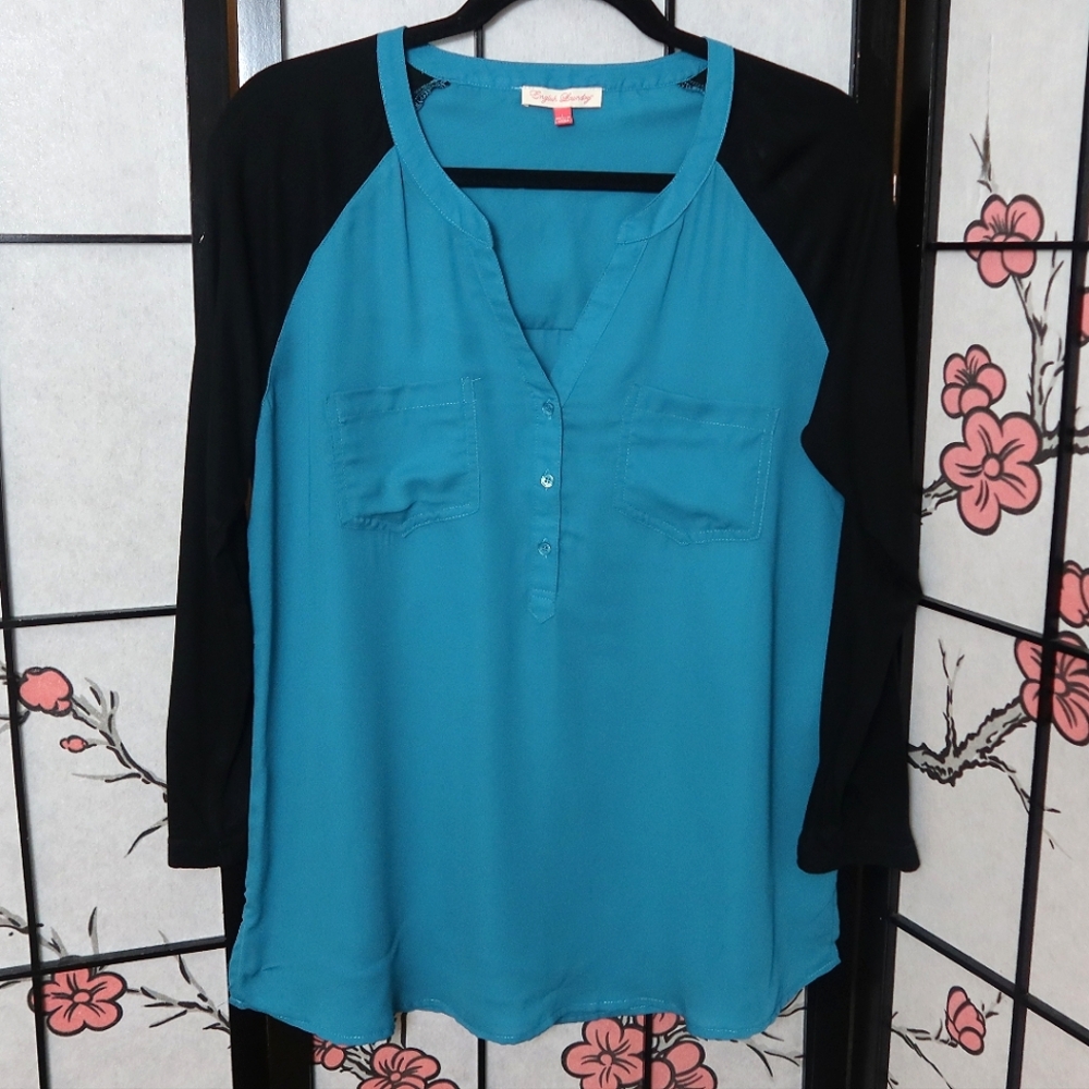 English Laundry Turquoise and Black Quarter Button Up V Neck Long Sleeve Blouse